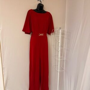 Chic Red Wide-Leg Jumpsuit with Belted Waist